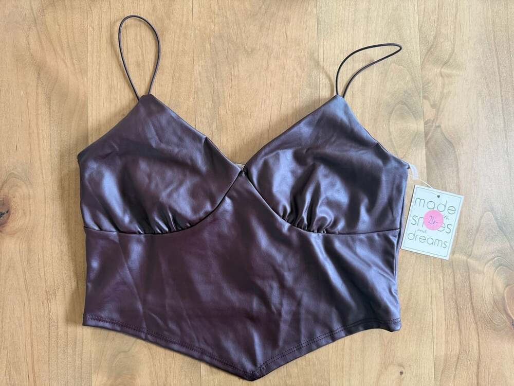 Timing Faux Leather Sweetheart Cami Crop Top Burgundy Brown Size M